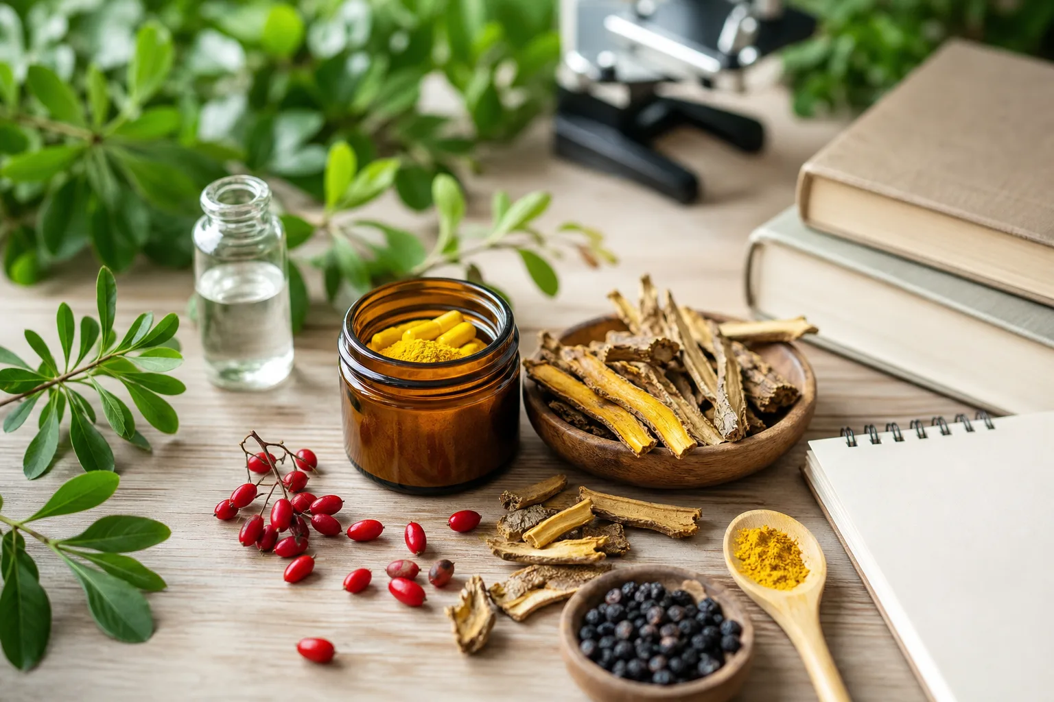 Poudre jaune de berbérine et plante d'épine-vinette sur fond naturel