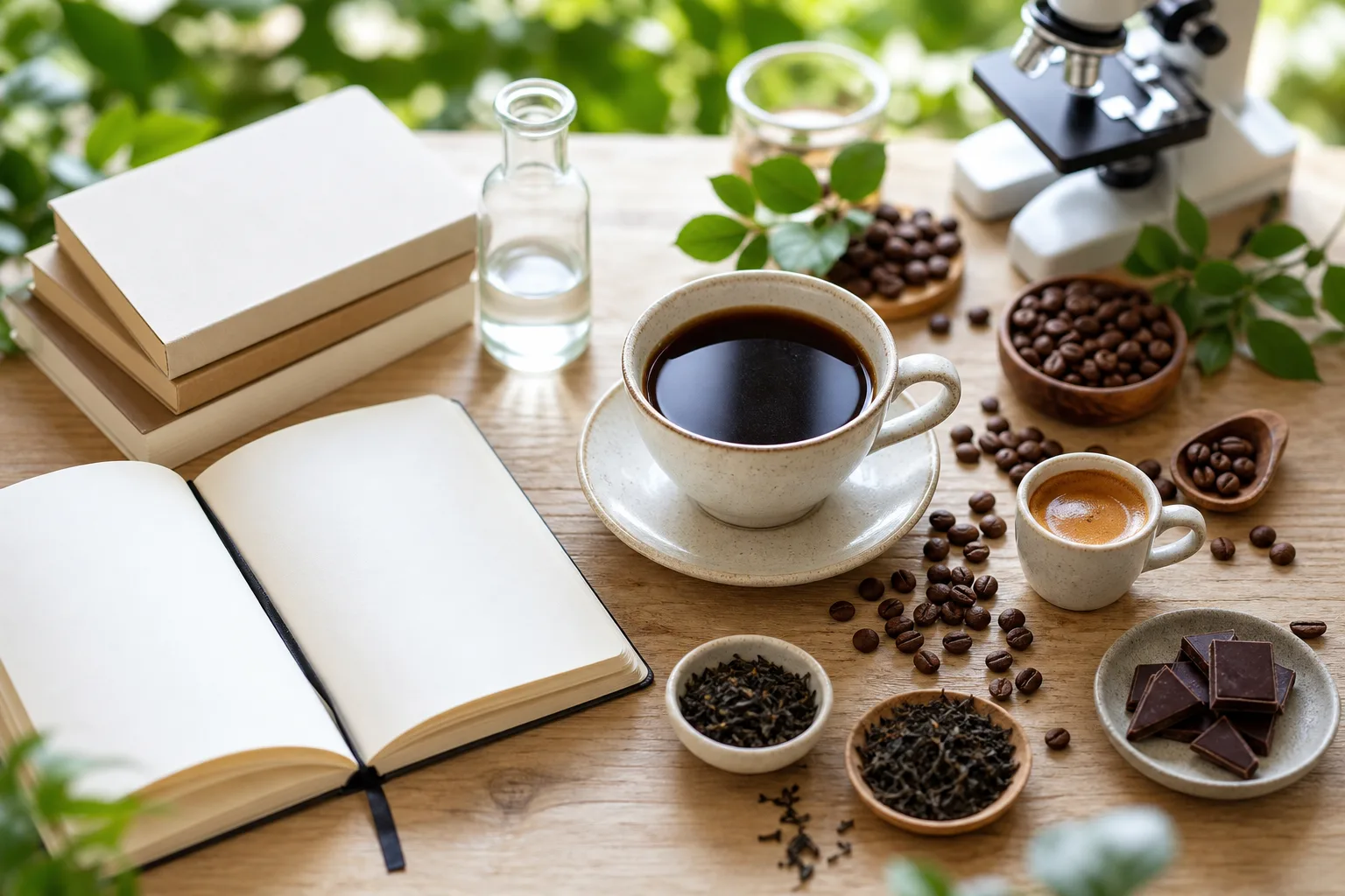 Tasse de café et grains torréfiés dans une lumière matinale douce