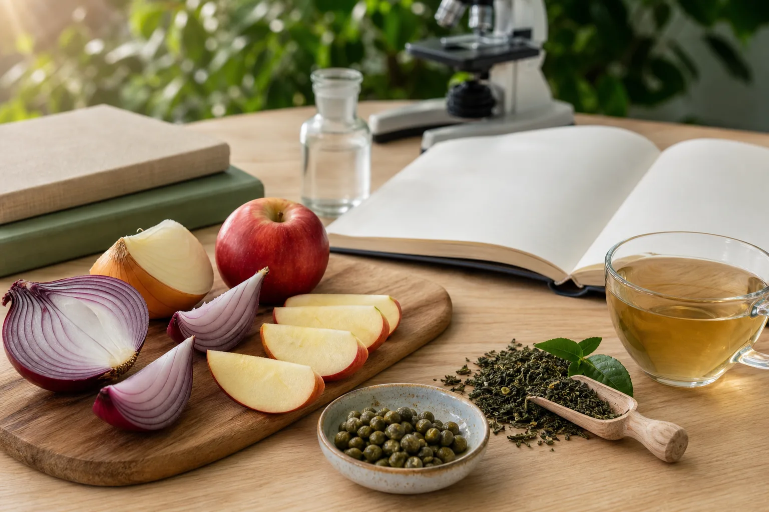 Aliments riches en quercétine et ambiance scientifique sobre