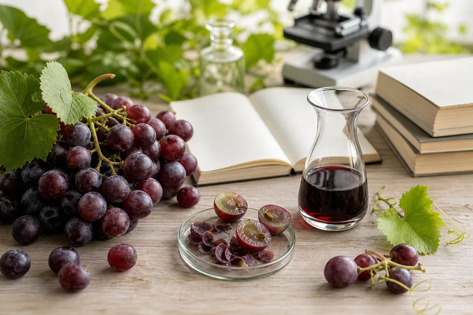 Grappes de raisin rouge et lumière douce évoquant le resvératrol
