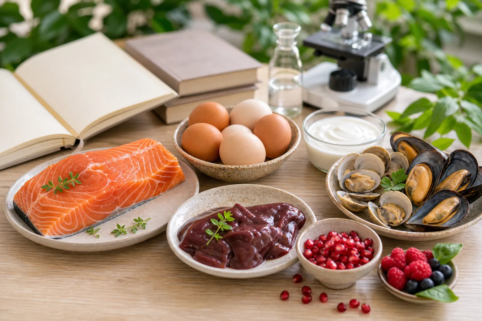 Œufs, poisson et produits laitiers évoquant les sources de vitamine B12